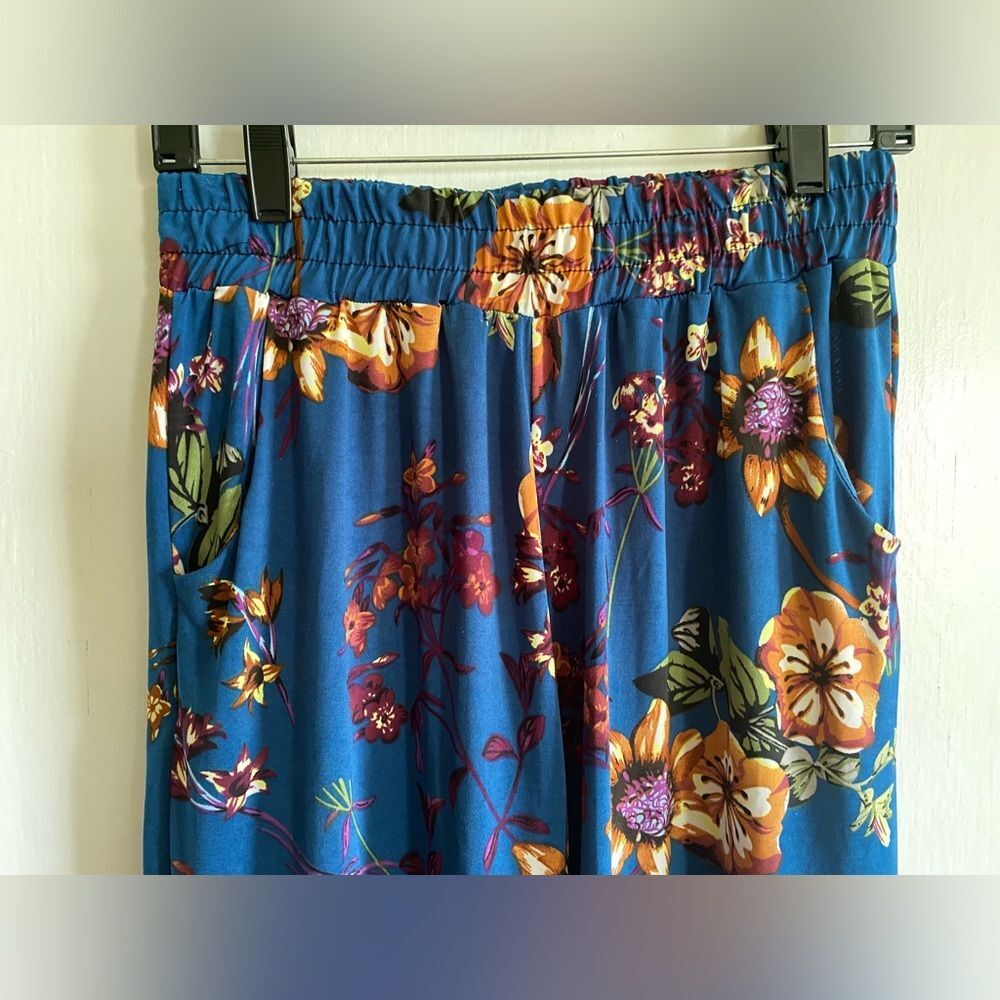 Vented Ankle Blue Floral Stretchy Dress Pants Womens Size L/XL